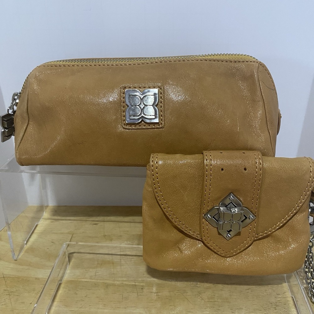 BCBG MAX Azria Cosmetic Bag + Clutch/wristlet Set Vintage Tan Leather